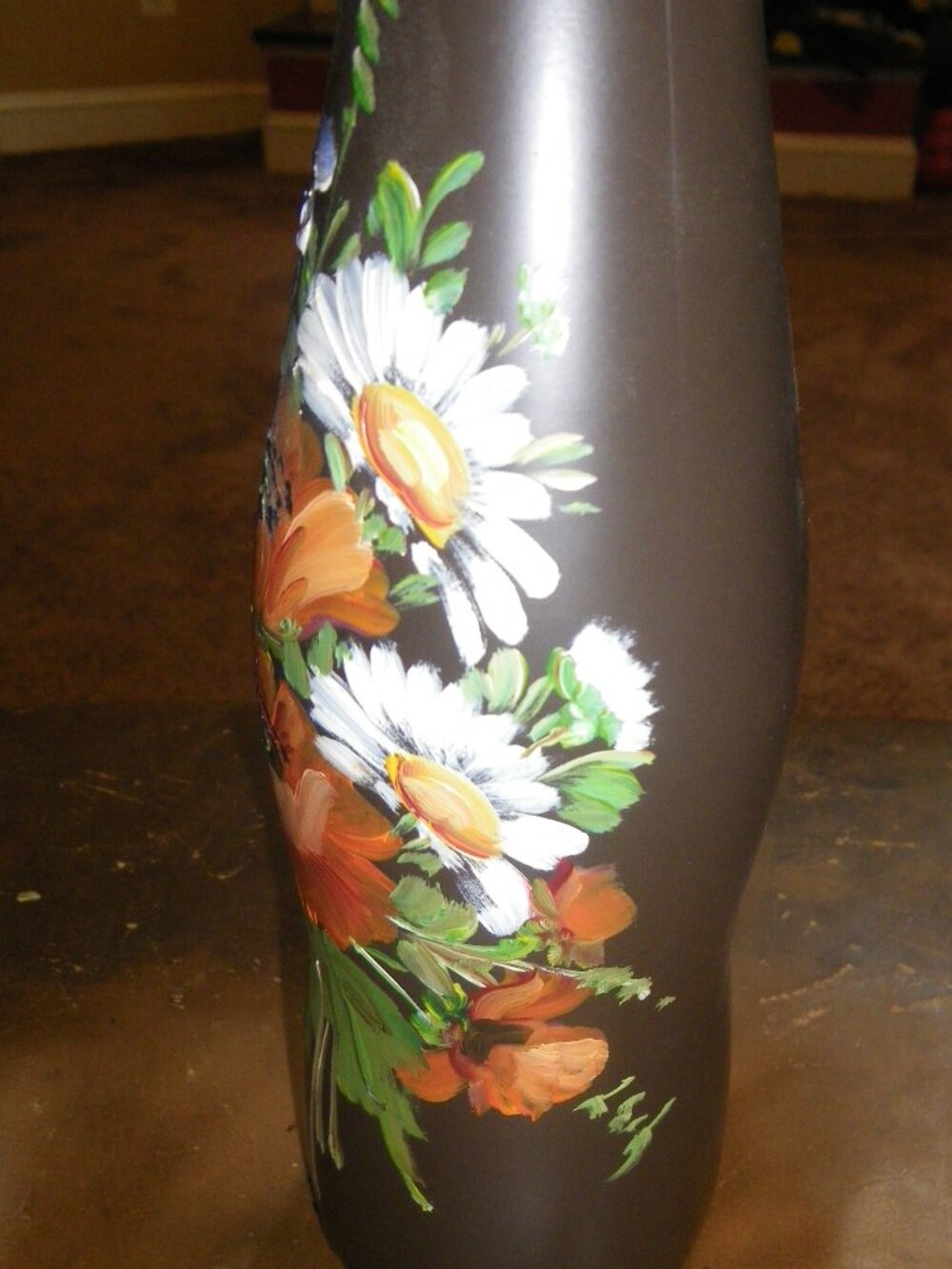 Vintage Hand Painted Floral Bouquet Wine Bottle Rustic Home Décor Tall Vase - Picture 4 of 4